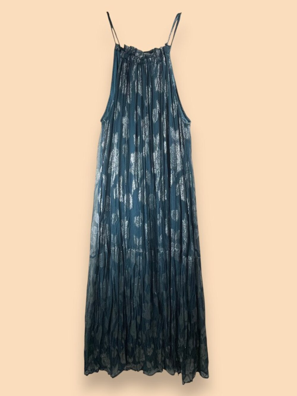 Retro Teal Metallic Crinkle Halter Maxi Dress
